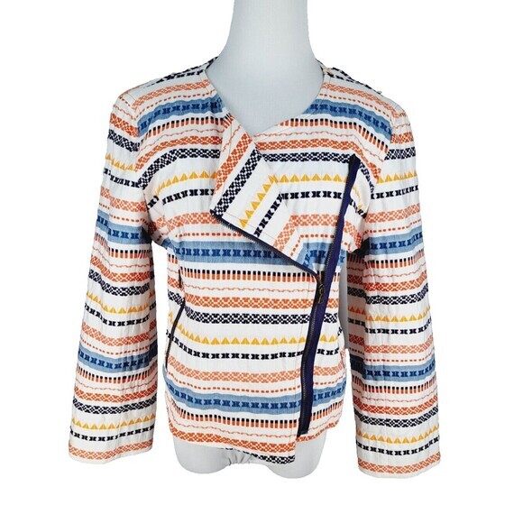 Trina Turk Beatrix‎ Embroidered Moto Zip up Jacket Blazer Coat Colorful Large 12 - Picture 1 of 11
